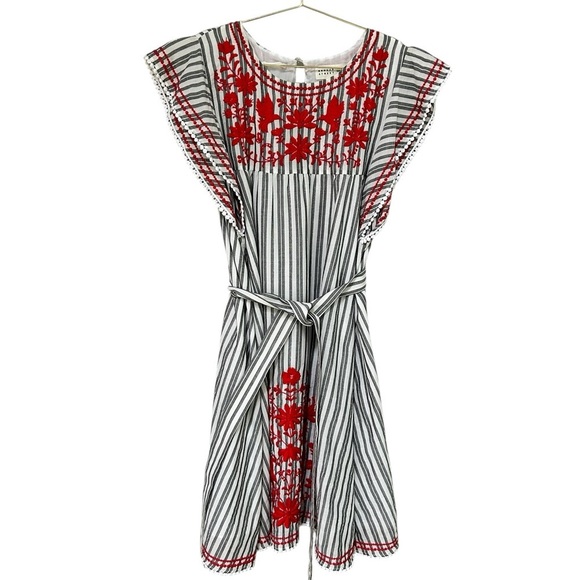 Kate Spade | Broome Street Red Floral Embroidered Stripe Tie Waist Dress, Size M - Picture 12 of 13